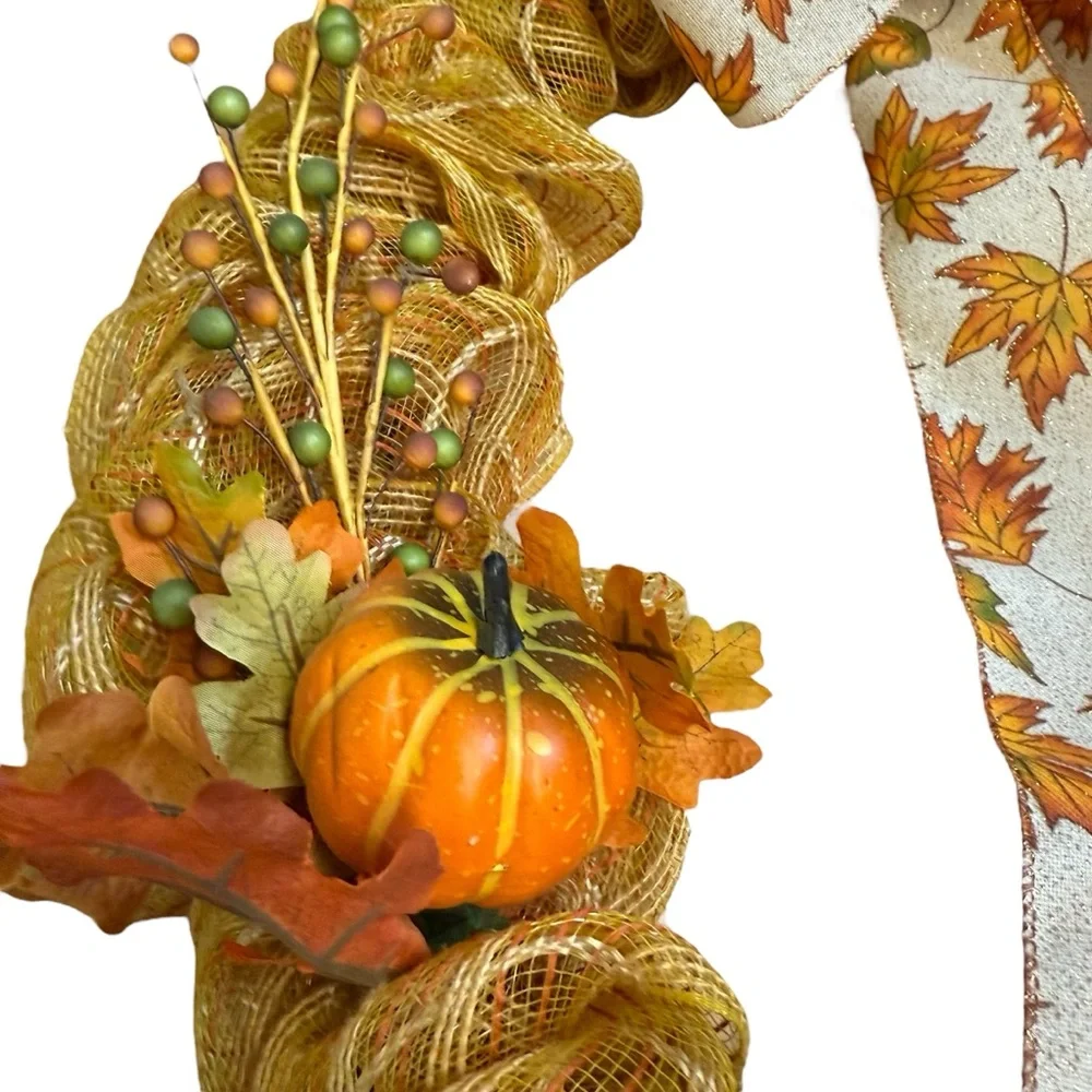 Handmade Fall Leaves & Pumpkin Deco Mesh Wreath – Gold Burlap Mesh – 21 Inches
